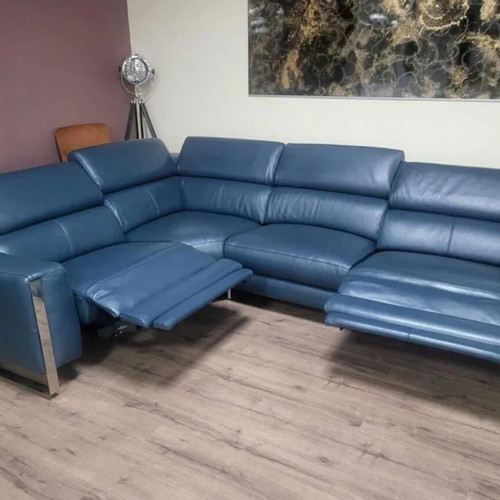 Turquoise Blue Leather Corner Sofa Torres with Electric Relax Mechanism New