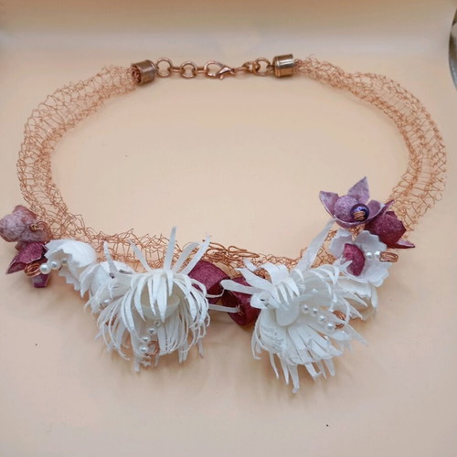 Handmade necklace from silk cocoons made to order, white and pink
