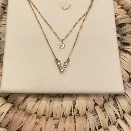 Double delicate necklace with zircon pink gold new, unworn