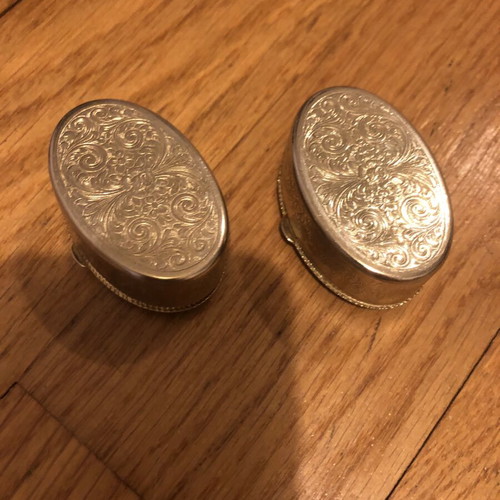Vintage oval metal jewelry boxes handpainted, used, blue and gold, set of 2