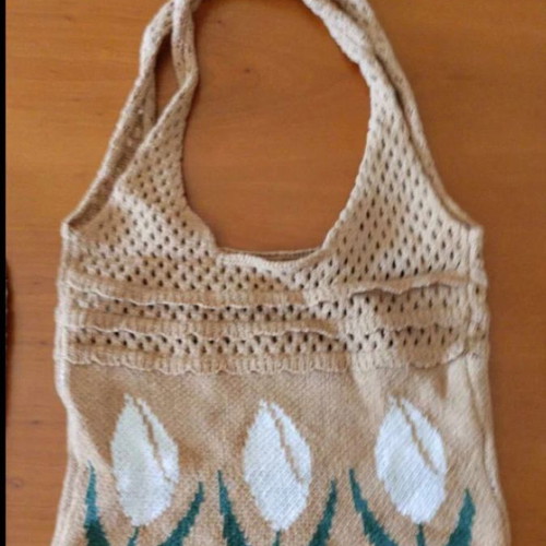 Knitted Tote Bag with White Tulips new, beige and white shoulder bag