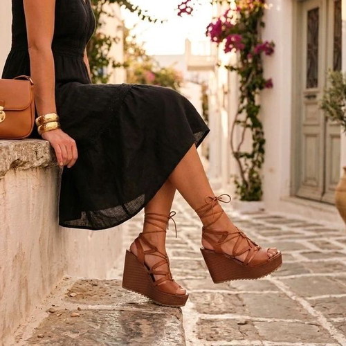 Mourtzi Tan Brown Genuine Leather Wedge Sandals Platform Size 37 Like New