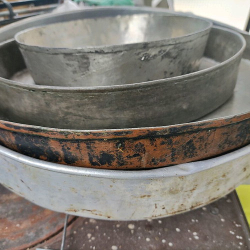 Copper baking pans used, set of 4, diameters 41, 40, 32, 25 cm