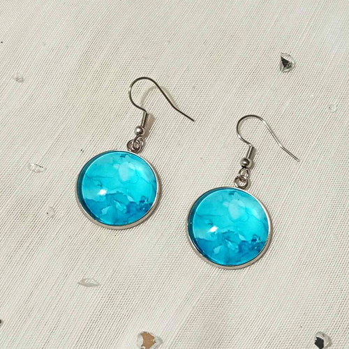 Earrings with cabochon Blue Waters, stainless steel, new
