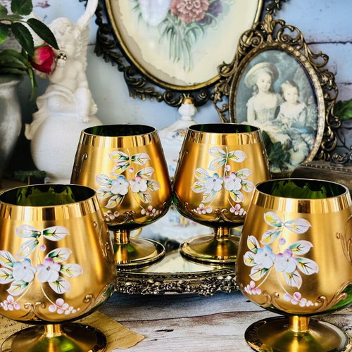 Vintage set of 6 green crystal glasses with gold decoration