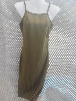 Elastic dress used, khaki ribbed with side slit and thin straps