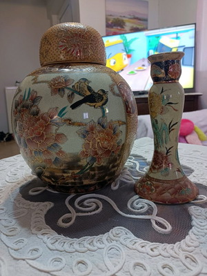 Satsuma handmade vase and candlestick used, set