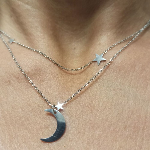 Steel necklace new with double chain and crescent moon detail