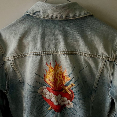 Palm Angels Sacred Heart Denim Jean Jacket Men Sz-S like new, white and blue
