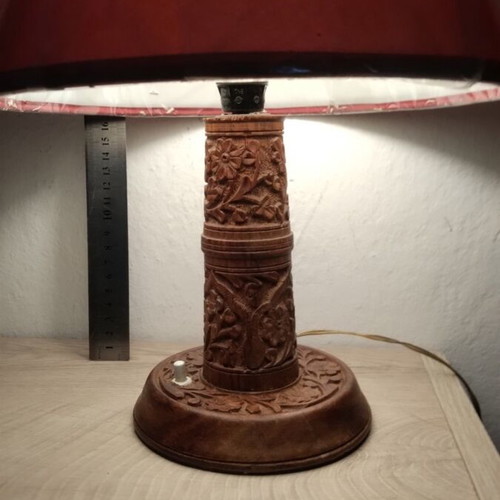 Table lamp with carved wooden base and new shade, 36 cm height