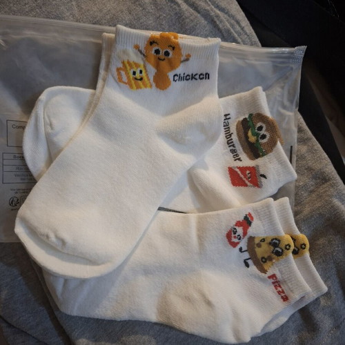 White ankle socks with embroidered fast food cartoon designs, new