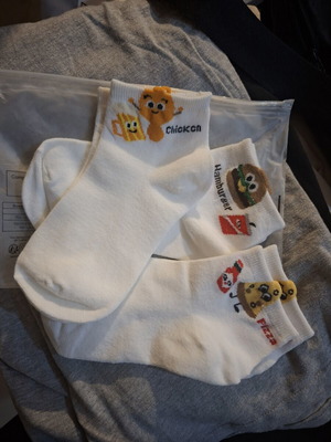 White ankle socks with embroidered fast food cartoon designs, new