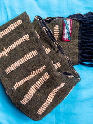 Men's double-sided scarf used, green-olive, ecru-beige and black