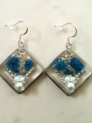 Handmade blue earrings new with dried flowers and silver hooks