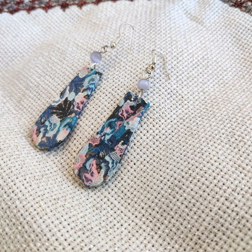Floral blue printed earrings made to order, wooden with cat's eye stone