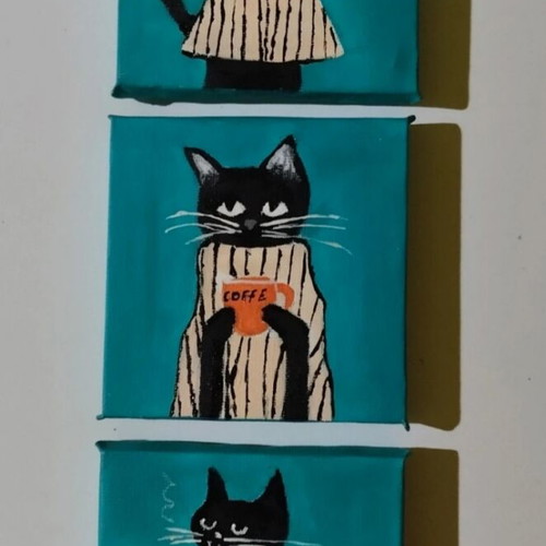 Set of 3 cat motif paintings on canvas new