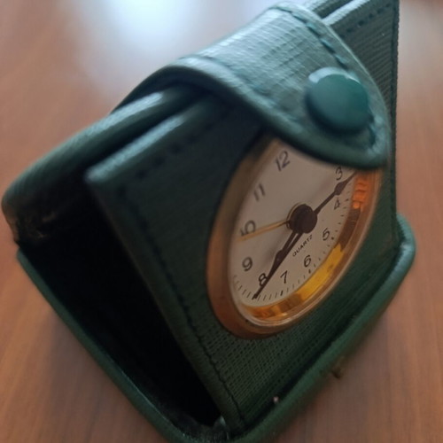 Travel clock used 1960s quartz alarm with leather case