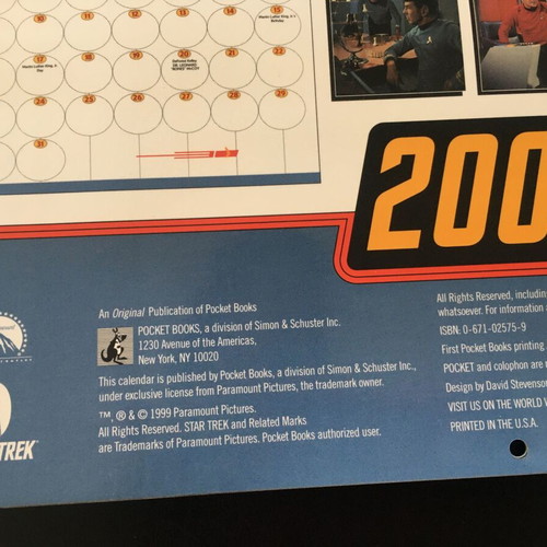 Star Trek 2000 calendar like new, Kirk & Spock, Pocket Books