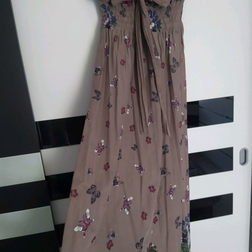 Long strapless dress like new, brown with colorful floral and butterfly patterns, sizes S/M
