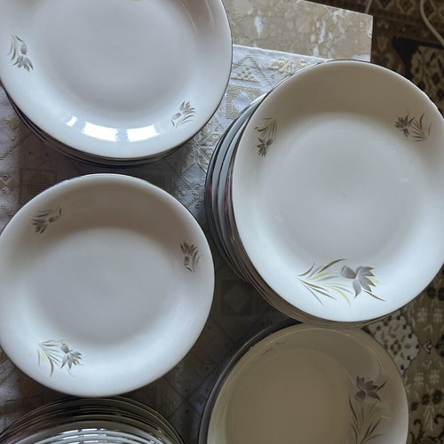 Candia porcelain dinnerware set used, 12 plates and assorted pieces