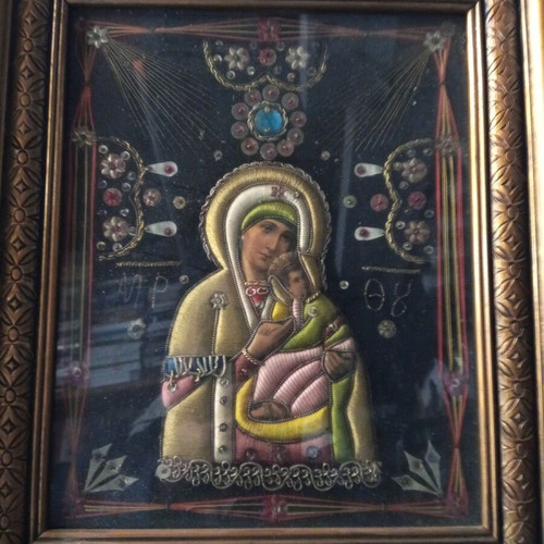 Antique Christian icon embroidered with thread