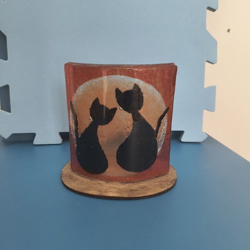 Decorative candle holder with cat design, glass and wood