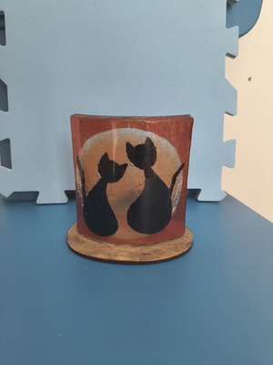 Decorative candle holder with cat design, glass and wood