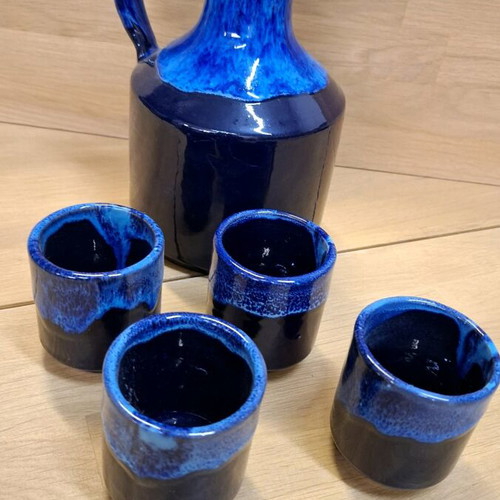 Ceramic wine set handmade, new, blue and black Fat Lava finish