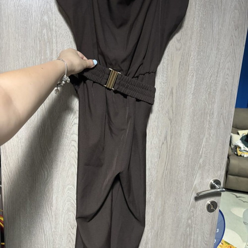 Brown jumpsuit with draped sleeve, one size to large