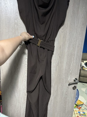 Brown jumpsuit with draped sleeve, one size to large
