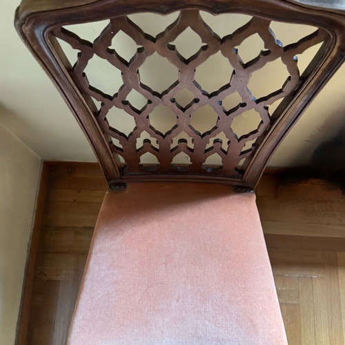 Vintage Saridis Walnut Chairs set of 5 used, Gothic Revival Chippendale