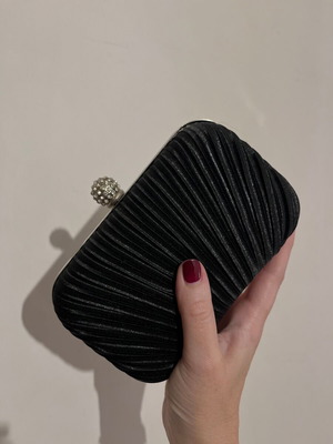 Black satin clutch like new with silver chain and strass details