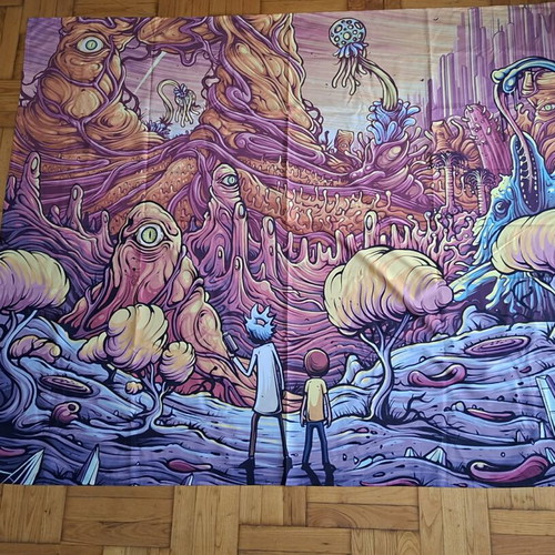Rick and Morty fabric banner like new, 150x120 cm, psychedelic design