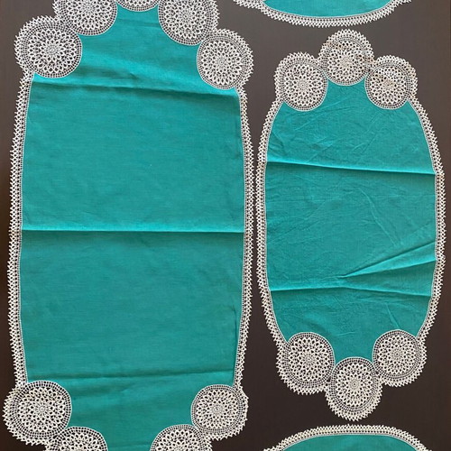 Set of 4 vintage handmade table runners with white lace and turquoise fabric
