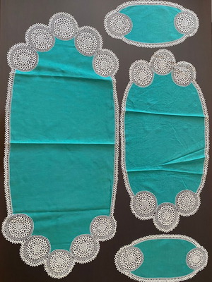 Set of 4 vintage handmade table runners with white lace and turquoise fabric