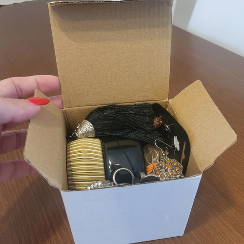 Jewelry box with bracelets, necklace, ring, earrings and belts