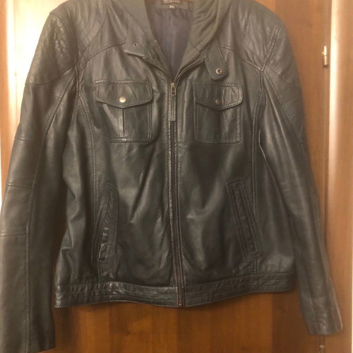 Leather jacket used with fabric hood blue XXL