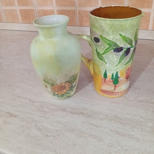 Handmade glass decoupage set (jug & vase)