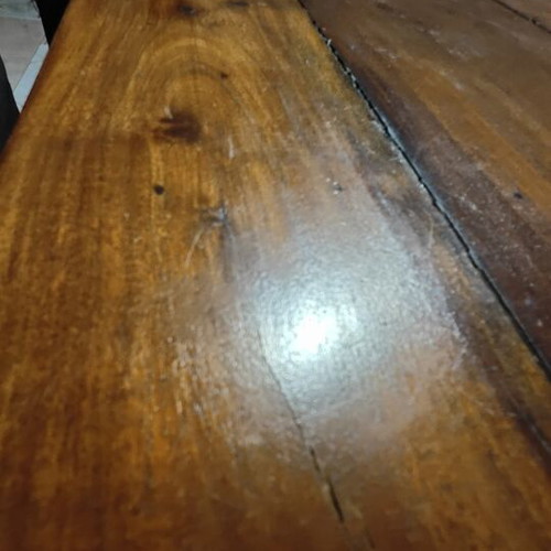Monastic dining set with solid wood table and 6 fabric chairs, like new