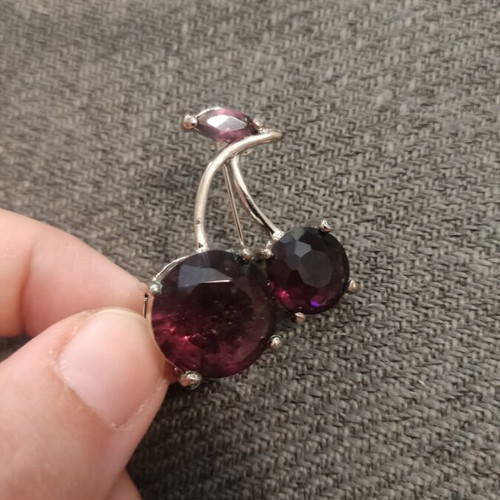 Cherry brooch new, silver tone with purple stones