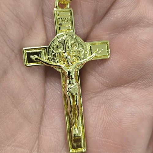 Men's cross pendant with crucifix and Saint Benedict, gold tone stainless steel, new