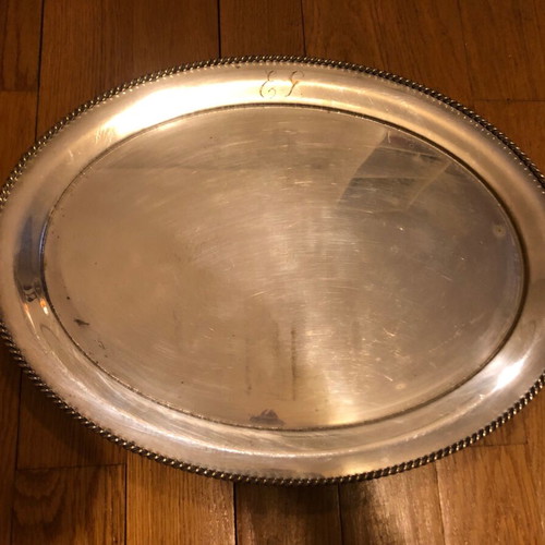 Oval silver-plated tray used with engraved monograms