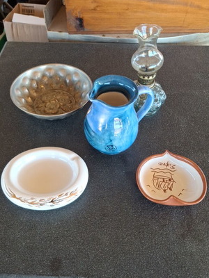 Decorative set used with brass bowl, handmade jug, lamp, ashtrays