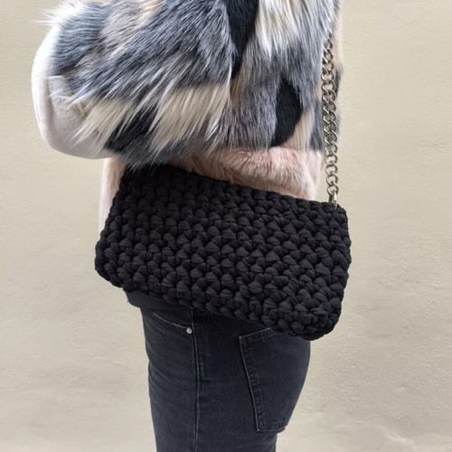 Handmade black knitted shoulder bag with steel chain