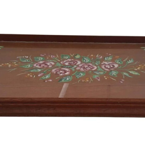 Wooden serving tray hand-painted with glass, used