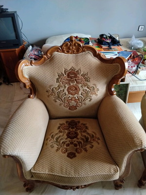 Vintage living room set used with four-seat sofa, two armchairs and two chairs