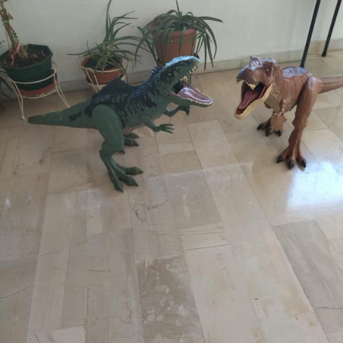 Jurassic World Mattel Dinosaur Figures used, 1 meter Tyrannosaurus and Gigantosaurus