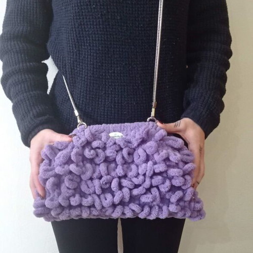 Handmade Puffy Shoulder Bag 20cm with Metal Frame Purple