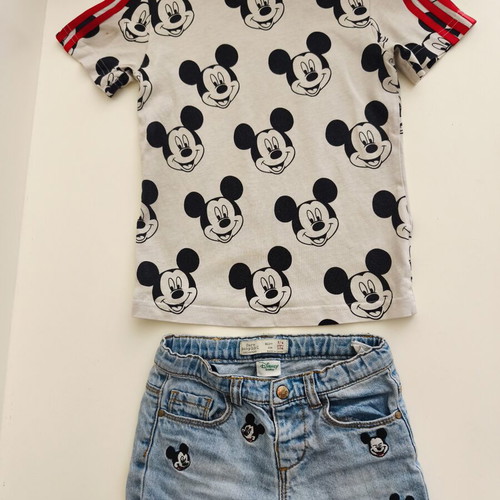 Disney Mickey Mouse Adidas T-shirt and Denim Shorts Set like new, unisex 3-4 years