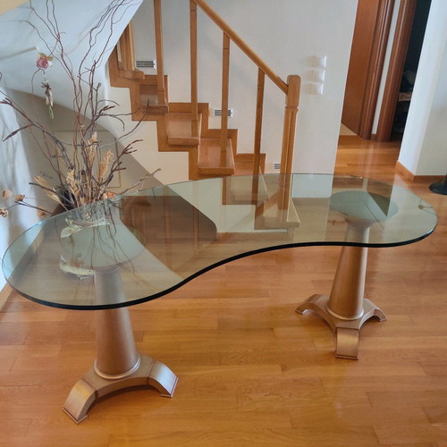 Oval table used, handmade construction, solid wood base